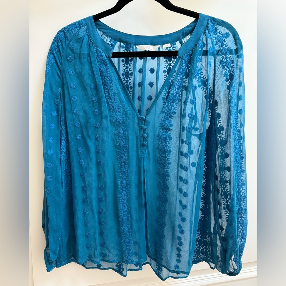 Zoa Anthropologie Silk Women's Sheer Blue Blouse